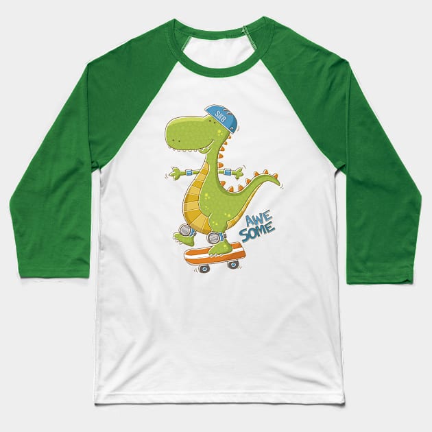 Dinosaur Skateboarding Baseball T-Shirt by vaughanduck